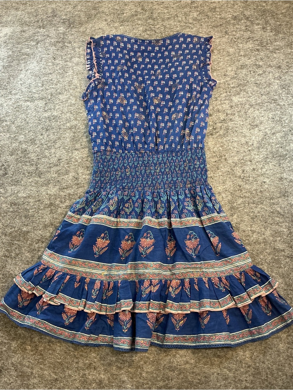 M.A.B.E Delfi Sunflower Blue Floral Tiered Smocked Waist Dress Size M - Picture 5 of 5